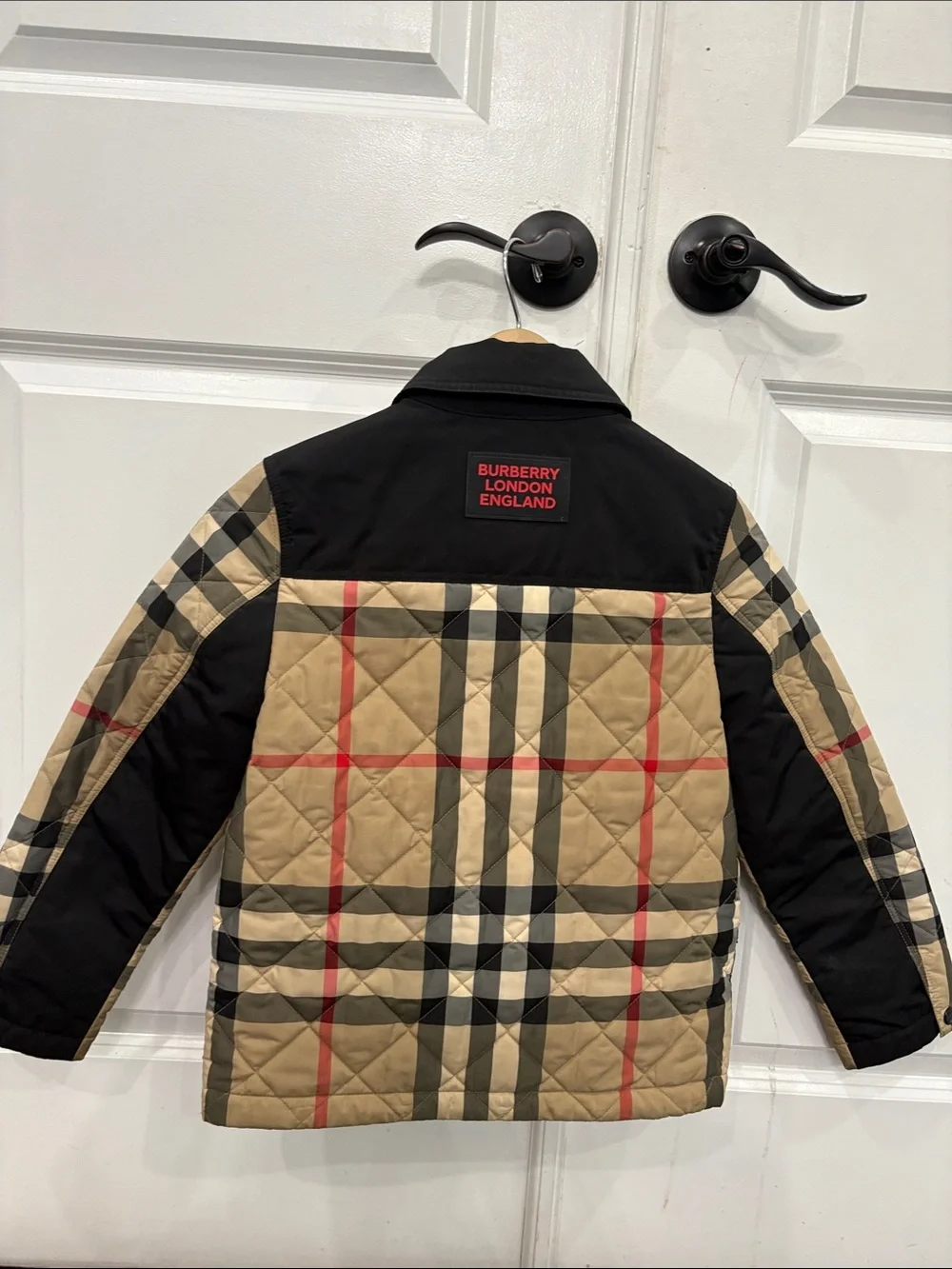 Burberry Tan Plaid Quilted Puffer Jacket with Black Collar